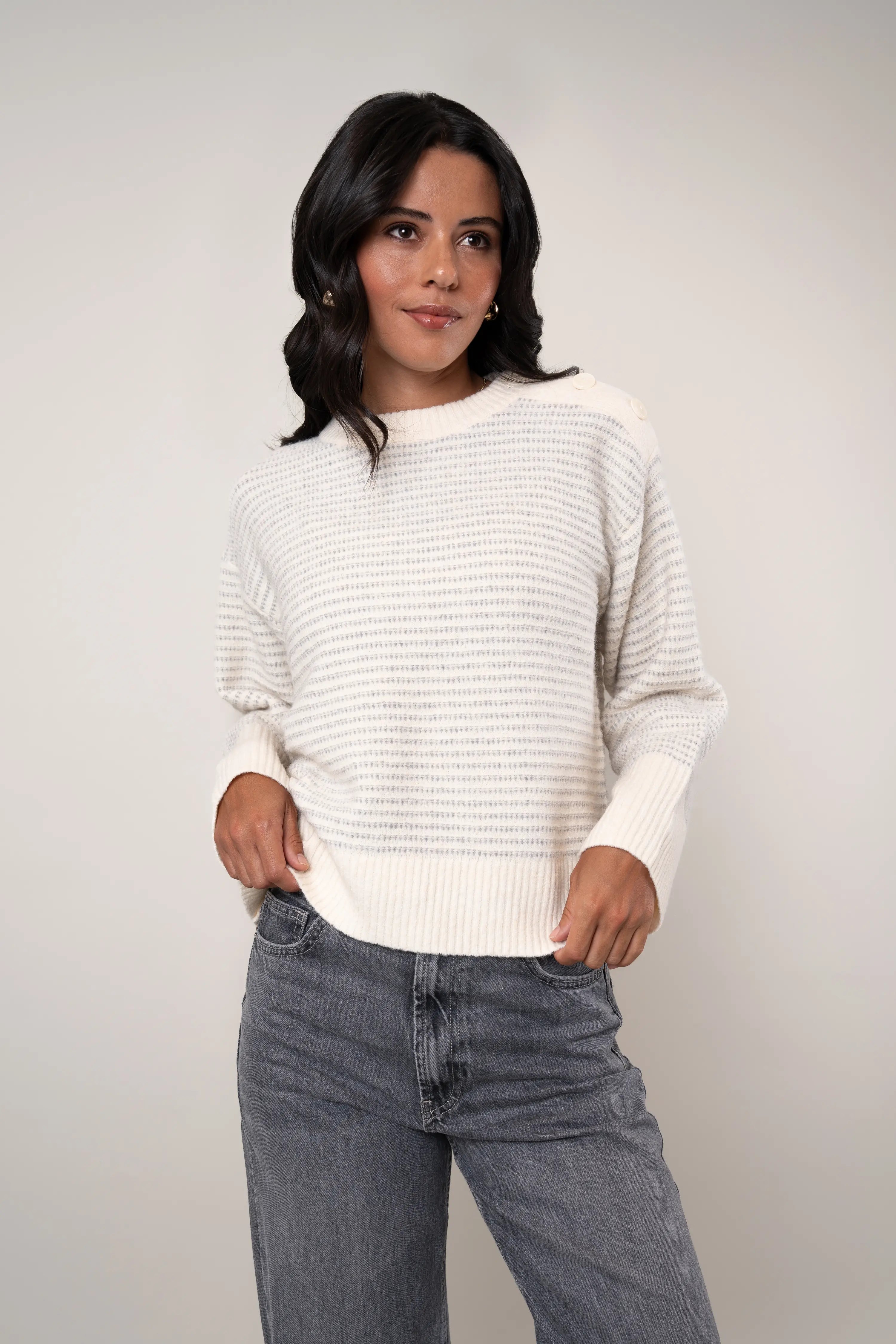 The Button Shoulder Striped Pullover